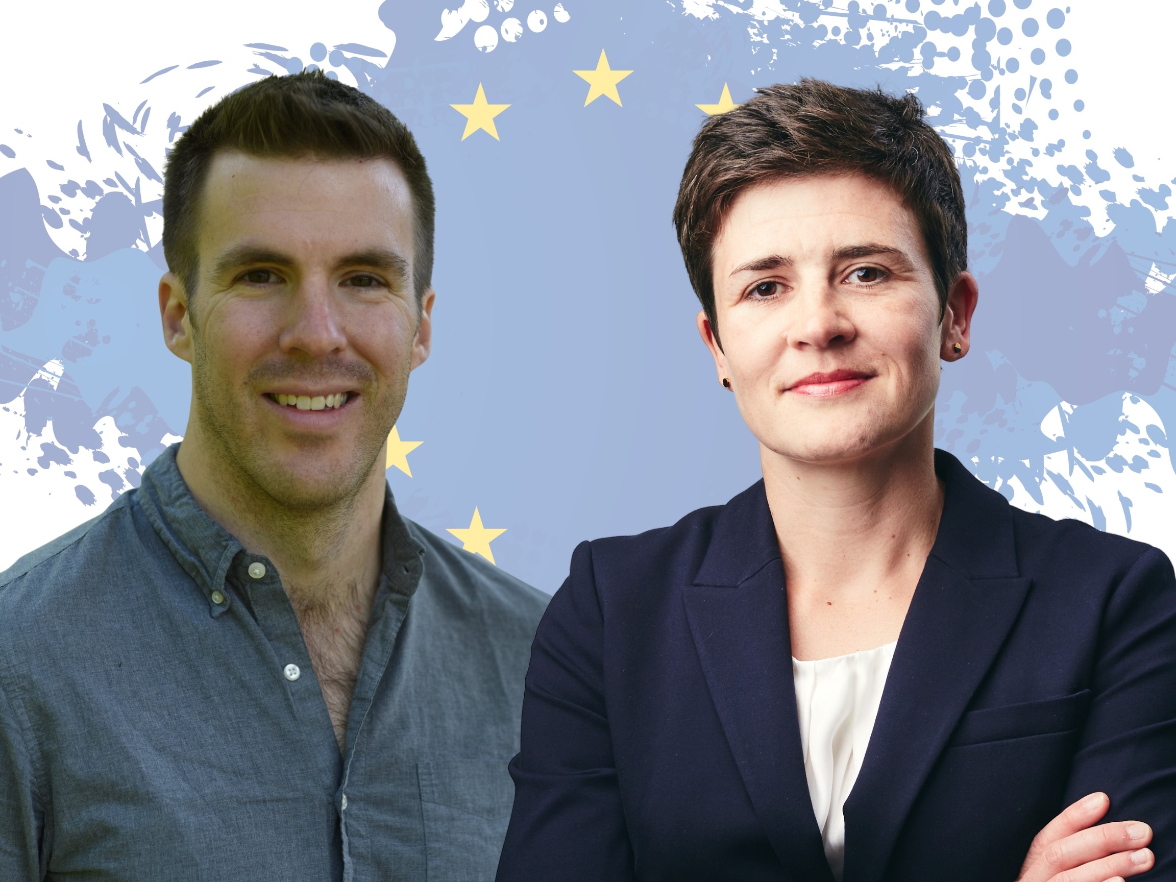 J. Matt McCrary und Anke K. Bergmann Porträts von J. Matt McCrary und Anke K. Bergmann vor Karte von Europa im Umriss und EU-Sternen