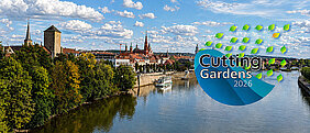 Luftaufnahme des Würzburger Mains. Im Hintergrund ist die Würzburger Stadt. Rechts im Bild das Logo mit Schriftzug Cutting Gardens 2026, welches sich in Blätter auflöst.