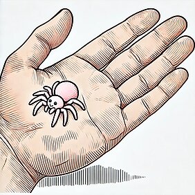 Grafik von einer Hand auf der eine eher niedliche kleine helle Spinne sitzt 