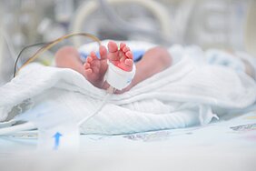 Blick in den Inkubator auf die kleinen nackten Füße eines Frühgeborenen 