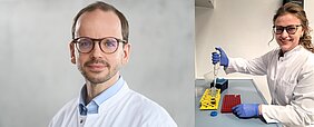 Porträt von Florian Reiter in weißem Kittel und Bild von Julia Schneider im Labor mit Pipette 