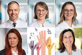 Fünf Portrait-Fotos und unten in der Mitte ein Animationsfoto mit vier Händen auf denen ein Herz und eine Krebsschleife zu sehen ist. 