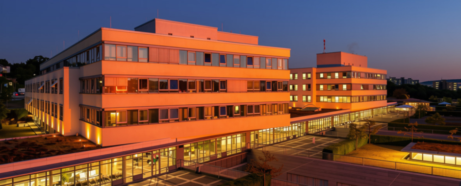 Anlässlich des Welttags der Patientensicherheit erstrahlen das Zentrum für Innere Medizin (ZIM) und das Zentrum für Operative Medizin (ZOM) am Abend des 16. und 17. September 2026 in orangefarbenem Licht. © Katrin Heyer, KI-bearbeitet (orange eingefärbt und Abendstimmung ergänzt)