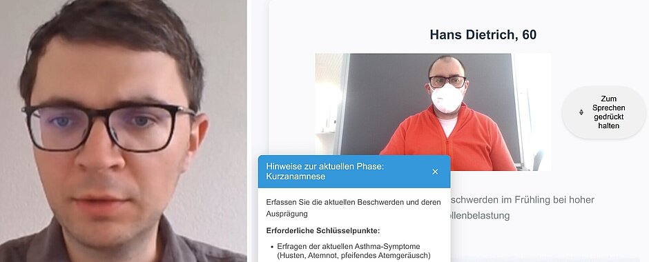 Collage einer Gesprächssituation- links ein Student, rechts die Ansicht des Monitors mit KI-Patient und Benutzeroberfläche mit Gesprächsstruktur und digitalen Unterstützungsmöglichkeiten.
