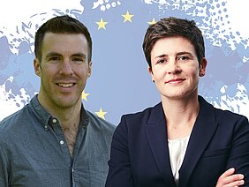 J. Matt McCrary und Anke K. Bergmann Porträts von J. Matt McCrary und Anke K. Bergmann vor Karte von Europa im Umriss und EU-Sternen