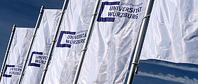 Fünf Fahnen mit Logo der Universität im Hintergrund blauer Himmel.