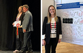Dr. Julia Grüner bei der Verleihung des Posterpreises und vor ihrem ausgezeichneten Poster auf der NeuPSIG 2025 in Berlin.
