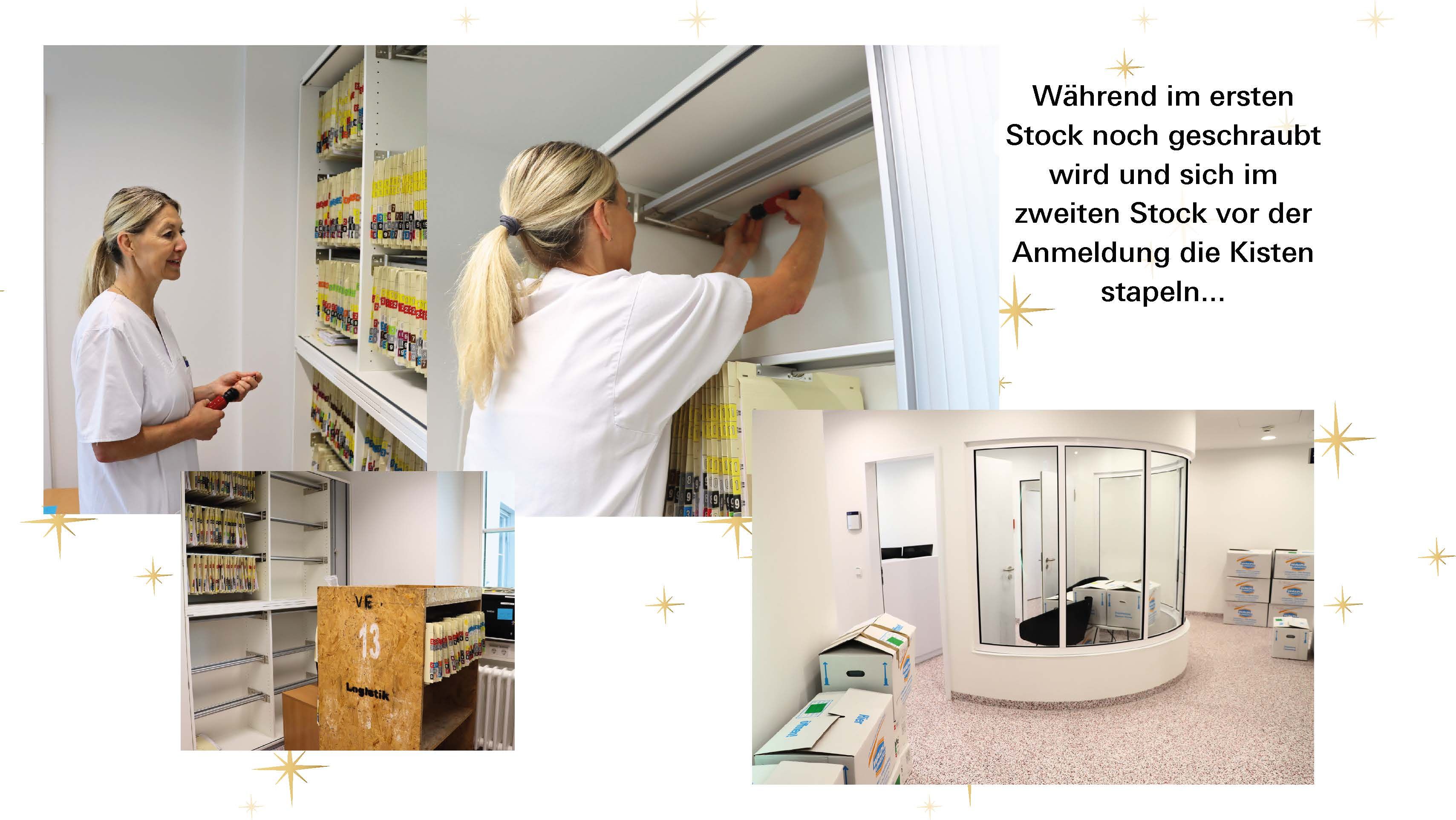 Während im ersten Stock noch geschraubt wird und sich im zweiten Stock vor der Anmeldung die Kisten stapeln...