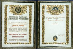 Teilvergoldete Nobelpreisurkunde Röntgens