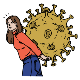 Illustration auf der eine Frau ein riesiges Virus auf dem Rücken trägt 
