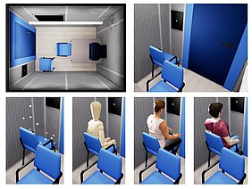 die Collabe zeigt oben zwei Bilder vom virtuellen Labor, links Vogelperspektive, rechts zwei leere Stühle, unten sind vier Bilder von einzelnen Charakteren, die mit dem Rücken zum Betrachter gewandt sind. 