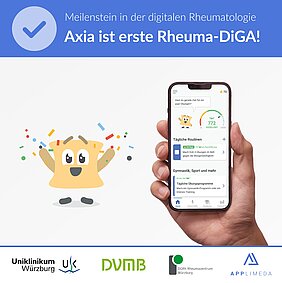 Illustration mit feierndem Maskottchen Bechto (ein Wirbelkörper) sowie einer Hand, die ein Smartphone mit App Axia in der Hand hält und der Überschrift Axia ist erste Rheuma-DiGA.
