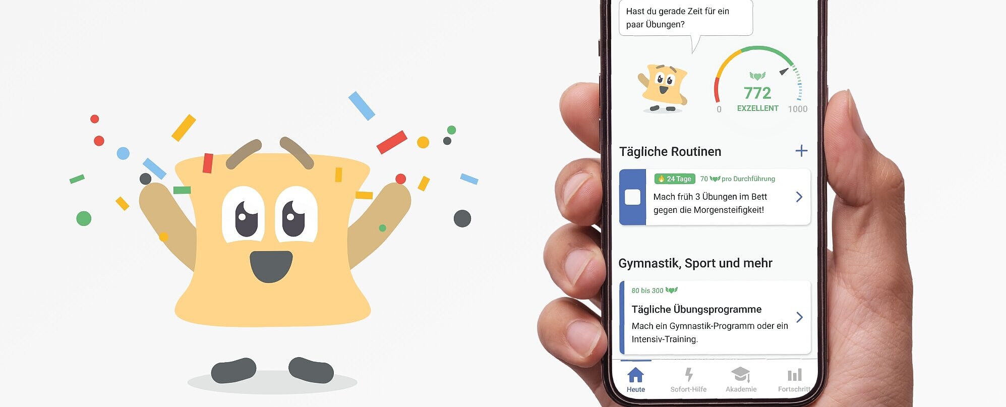 Illustration mit feierndem Maskottchen Bechto (ein Wirbelkörper) sowie einer Hand, die ein Smartphone mit App Axia in der Hand hält und der Überschrift Axia ist erste Rheuma-DiGA.