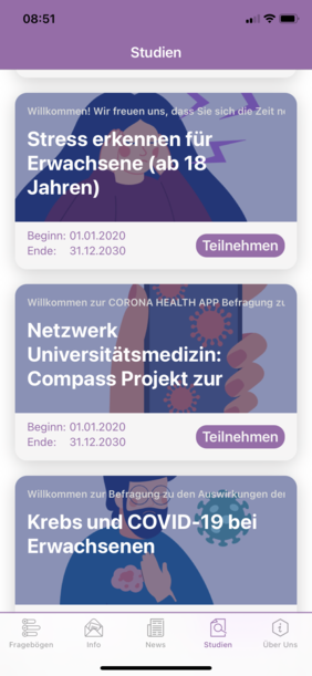 Das Bild zeigt einen Screenshot der Umfrage Krebs und Covid-19 in der Corona Health App 