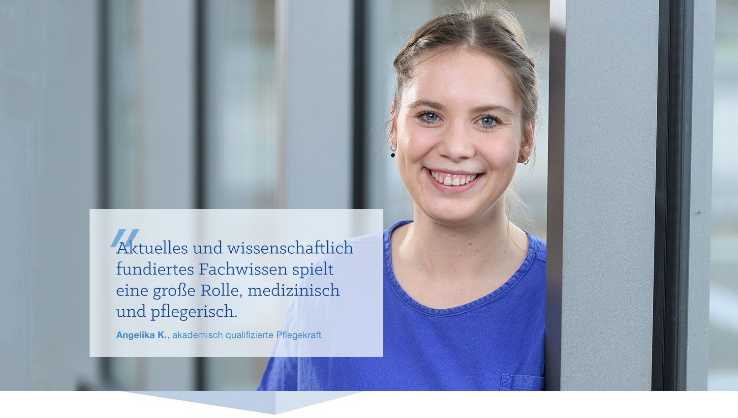 Pflegefachkraft Angelika K. Header-Foto von Pflegerin Angelika K.: Aktuelles und wissenschaftlich fundiertes Fachwissen spielt eine große Rolle, medizinisch und pflegerisch.