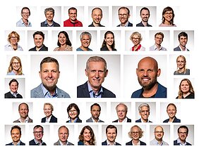 Collage mit 37 Porträts der Personen, die im SFB/TRR forschen, in der Mitte sind die drei Standortsprecher etwas größer abgebildet. 