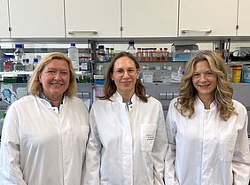 Die drei Wissenschaftlerinnen stehen in ihren weißen Kitteln im Labor - im Hintergrund ein Regal mit diversen Glasbehältern 