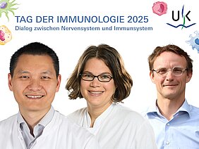 Collage aus drei freigestellten Porträts der Forschenden mit kleinen Grafiken von Immunzellen und der Überschrift Tag der Immunologie 