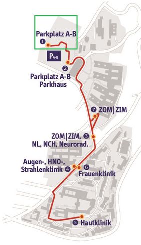 Haltestellen des Shuttlebusses am Uniklinikum Würzburg