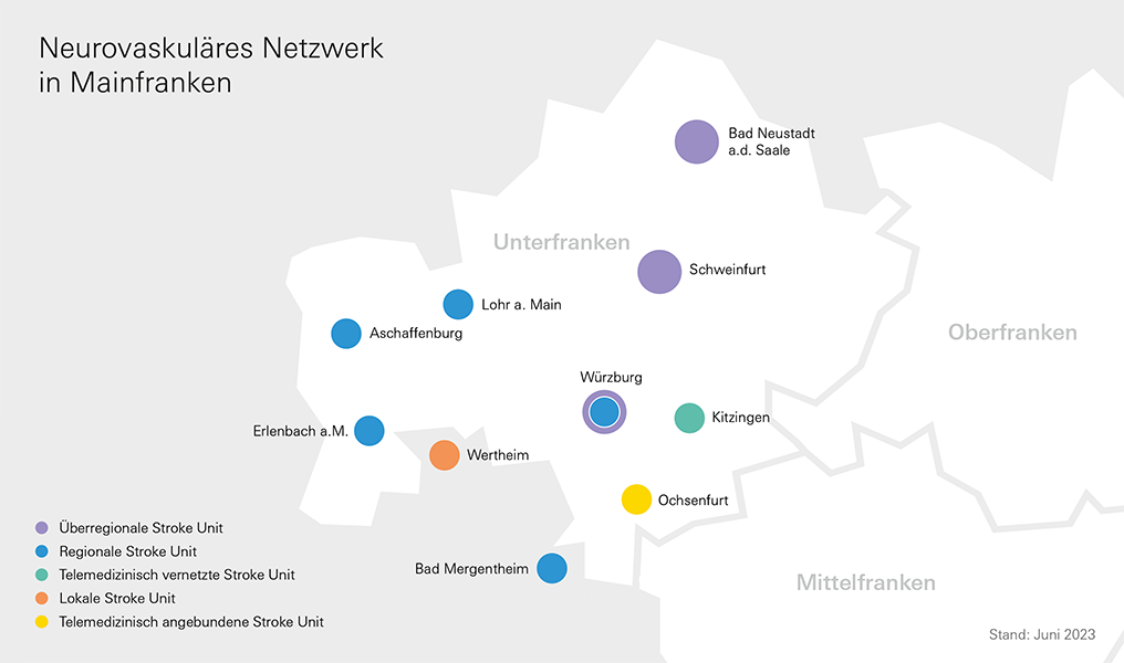 Übersichtskarte der teilnehmenden Einrichtungen am Neurovaskulären Netzwerk Unterfranken