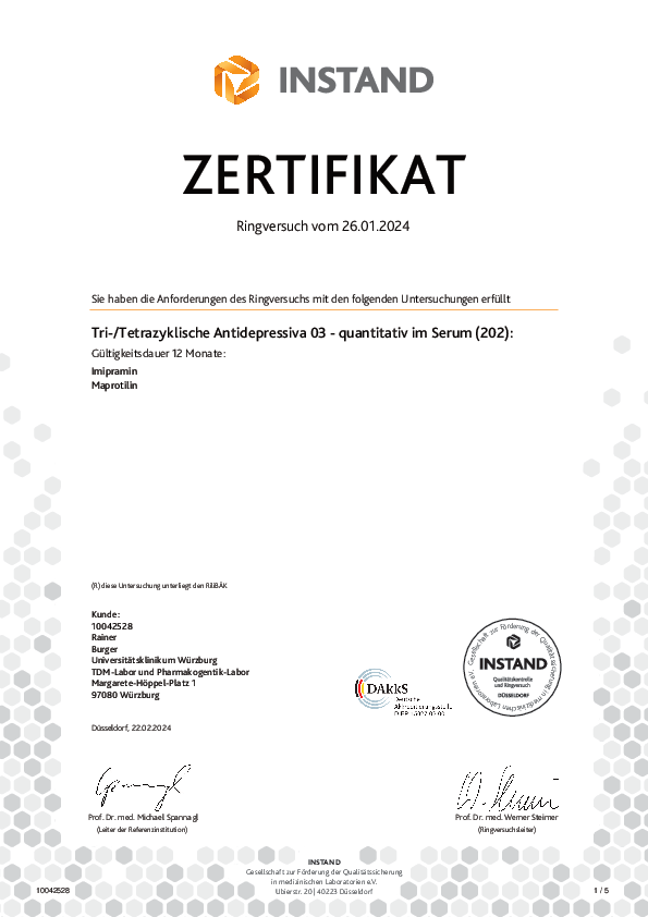Zertifikat RV Instand 01_2024 Tri-/Tetrazyklische Antidepressiva 03 - quantitativ im Serum