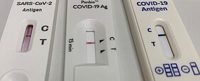 Drei negative SARS-CoV-2-Antigenschnelltests. Zu sehen ist jeweils nur eine Linie in der Kontrollzone.