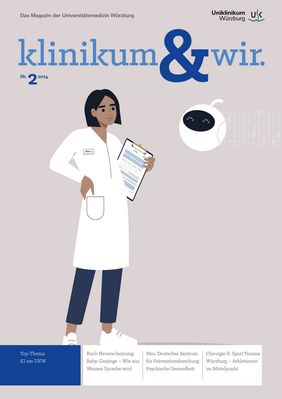 Die Titelseite des Magazins klinikum & wir weist auf das Top-Thema zur Künstlichen Intelligenz hin.