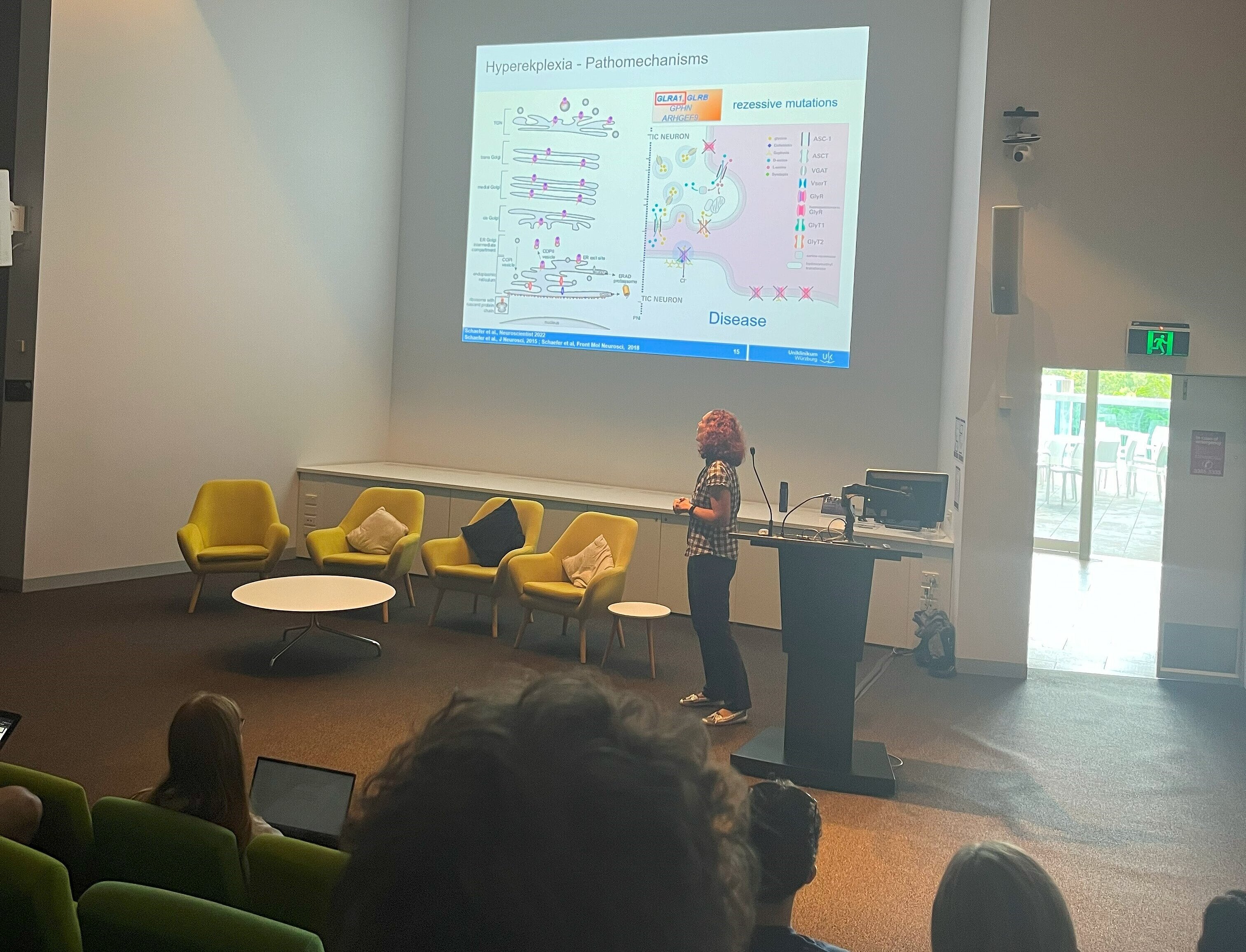 PD Dr. Natascha Schäfer blickt auf eine Folie ihrer Präsentation, die mit einem Beamer an die Wand geworfen wird
