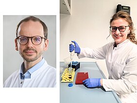 Collage von einem Porträtbild von Florian REiter im weißen Kittel und Julia Schneider, die im weißen Kittel im Labor pipettiert. 