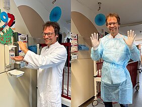 Collage zeigt wie Christoph Härtel in weißem Kittel den Deinfektionsmittelspender bedient und rechts wie er Schutzkleidung und Handschuhe trägt. 