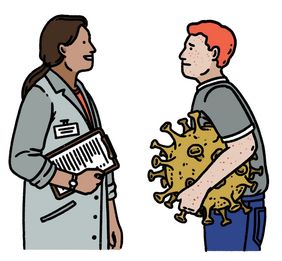 Die Grafik zeigt eine Ärztin und einen Patienten, der das Corona-Virus unterm Arm trägt. 