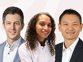 Porträts der drei Forscher vor beigefarbenem Hintergrund 
