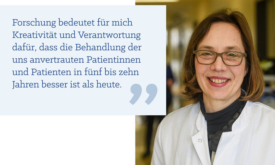 Foto von Heike Rittner mit Zitat: Forschung bedeutet für mich Kreativität und Verantwortung dafür, dass die Behandlung der uns anvertrauten Patientinnen und Patienten in fünf bis zehn Jahren besser ist als heute.