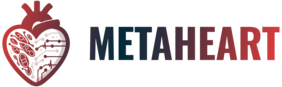 Ein Herz und ein Schriftzug METAHEART mit Verlauf von blau zu rot 
