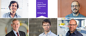 Auf dem Bild ist eine Collage erstellt mit den fünf Herren. Oben in der Mitte zwischen zwei Bildern ist das Logo Highly Cited Researchers 2025.