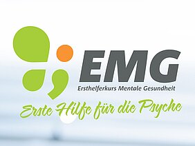 Logo der EMG Ersthelferkurs Mentale Gesundheit in grün und orange; drunter der Slogan "Erste Hilfe für die Psyche"