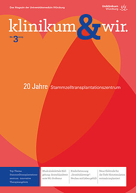 Die Titelseite der neuen Ausgabe hat einen Hintergrund aus zwei verschiedenen Rottönen und mit orange hebt sich ein großes Herz hervor. Der Name vom Magazin steht in der oberen Hälfte des Titelblatts. Das Top-Thema "20 Jahre Stammzelltransplantation" steht in weiß auf der Mitte der Seite. 