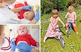 Collage von den MIAI-Zwillingen vor 4 Jahren bei der 1-Monats-Untersuchung und heute auf Laufrädern in ihrem Garten 