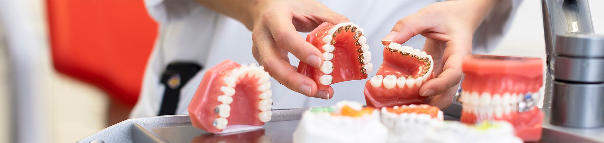 Illustrationsfoto Kieferorthopädie: verschiedene Gebisse mit Zahnspangen