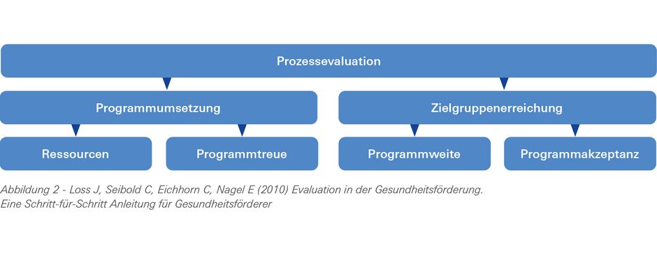 Grafik beschreibt Prozessevaluation: Programmumsetzung erfordert Ressourcen und Programmtreue, Zielgruppenerreichung erfordert Programmweite und Programmakzeptanz