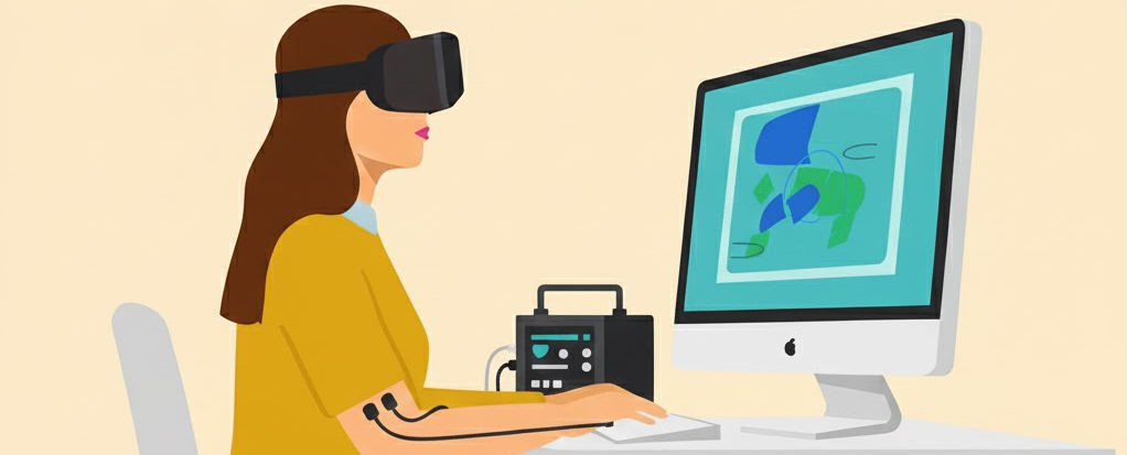 Illustration von einer Frau mit VR-Brille vor einem Computer und mit einem Sensor auf dem Arm. 