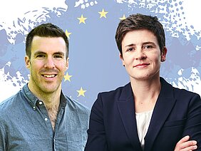 Collage von freigestellten Personen, im Hintergrund Skizze von EU-Flagge