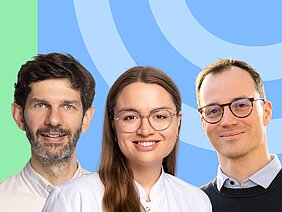 Collage mit drei freigestellten Porträts vor hellblauem Hintergrund