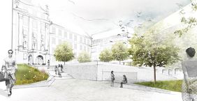 Innenhofperspektive mit Blick zum Rudolf-Virchow-Zentrum und dem Institut für Molekulare Infektionsbiologie (D15) und dem Gebäude D16.