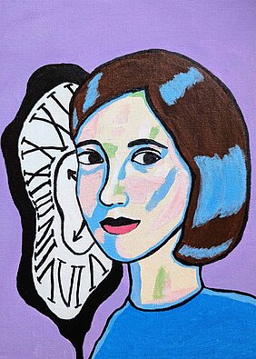 Ein Selbstportrait aus der Ausstellung "Selten allein" in den Farben blau und pink.