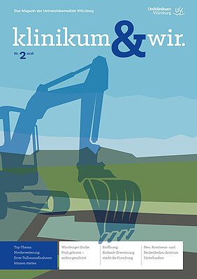 Die Titelseite der Ausgabe 2-2026 des Magazins klinikum & wir mit einem blauen Bagger als Grafik.