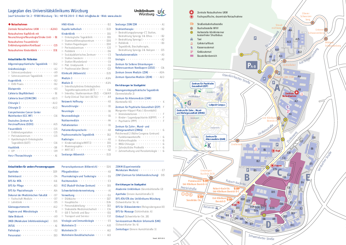Übersichtsplan mit Liste aller Einrichtungen des Universitätsklinikums Würzburg als PDF herunterladen