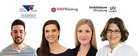 Freigestellt Porträts der vier Forschenden, darüber die Logos von RVZ, IZKF und UKW