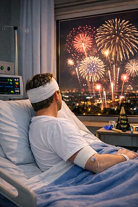 Die meisten Verletzungen entstehen durch den unsachgemäßen oder leichtsinnigen Umgang mit Feuerwerkskörpern. Hier kommt es immer wieder zu schweren Verletzungen wie zum Beispiel dem Verlust von Fingern, aber auch zu Verbrennungen an den Händen und im Gesicht. Foto: UKW (KI-generiert mit ChatGPT (DALL·E))