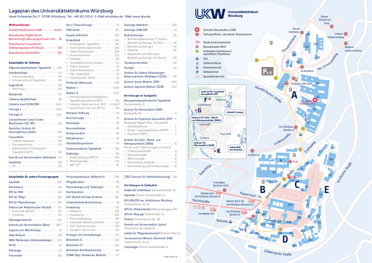 Übersichtsplan mit Liste aller Einrichtungen des Universitätsklinikums Würzburg als PDF herunterladen